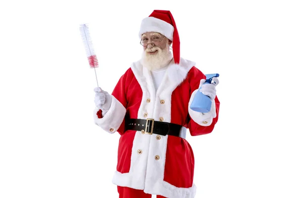 Santa Claus Con Cepillo Limpiador Spray Sobre Fondo Blanco Aislado — Foto de Stock