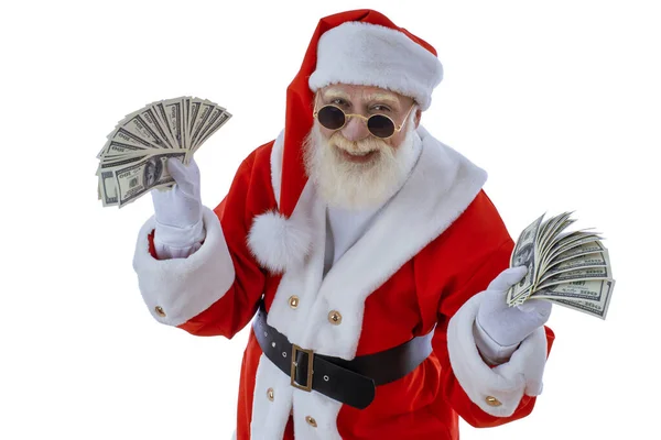 Xmas Santa Claus Banknotes White Background Emotional Senior Male Model Royalty Free Stock Images