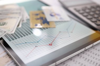 Tabletin üzerinde ticari banka kartı ve banknot göstergeleri var.