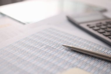 Dökümanlar üzerinde yatan tükenmez kalem ve hesap makinesi numaraları yakın çekim ile