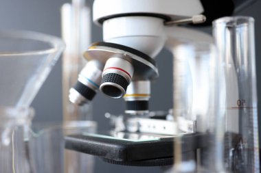 Laboratuvarda mikroskop test tüplerinin yanında..