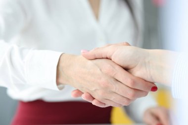 İş kadını meslektaşlar ofiste el sıkışıyor.