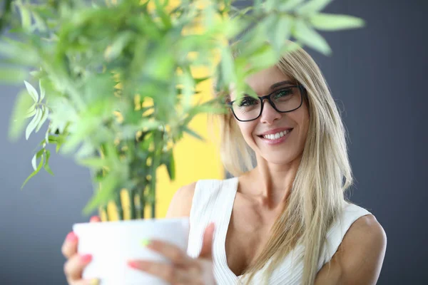 Retrato de alegre rubia feliz pelo femenino mirando cámara y sosteniendo olla con gran planta verde — Foto de Stock