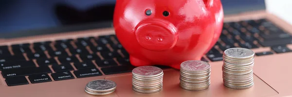 Red piggy bank and coins on laptop keyboard