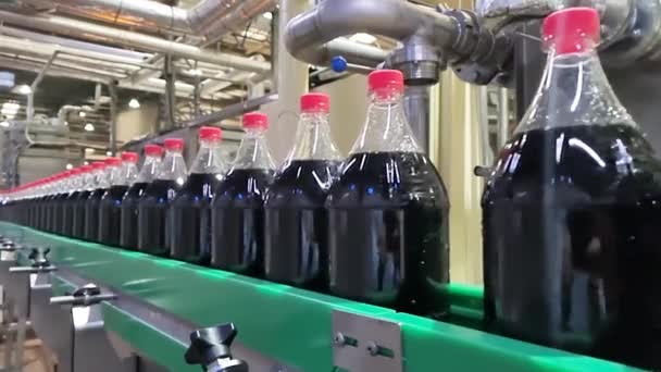 Dark liquid sweet soft drink moving at conveyor footage — Stock Video
