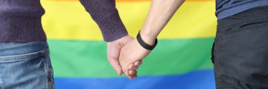 lgbt bayrağı geçmişi olan genç erkekler el ele tutuşuyor.