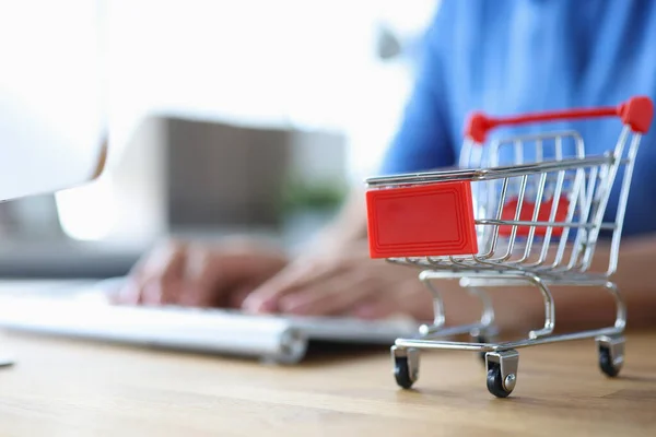 Mulher está comprando na loja on-line em casa — Fotografia de Stock