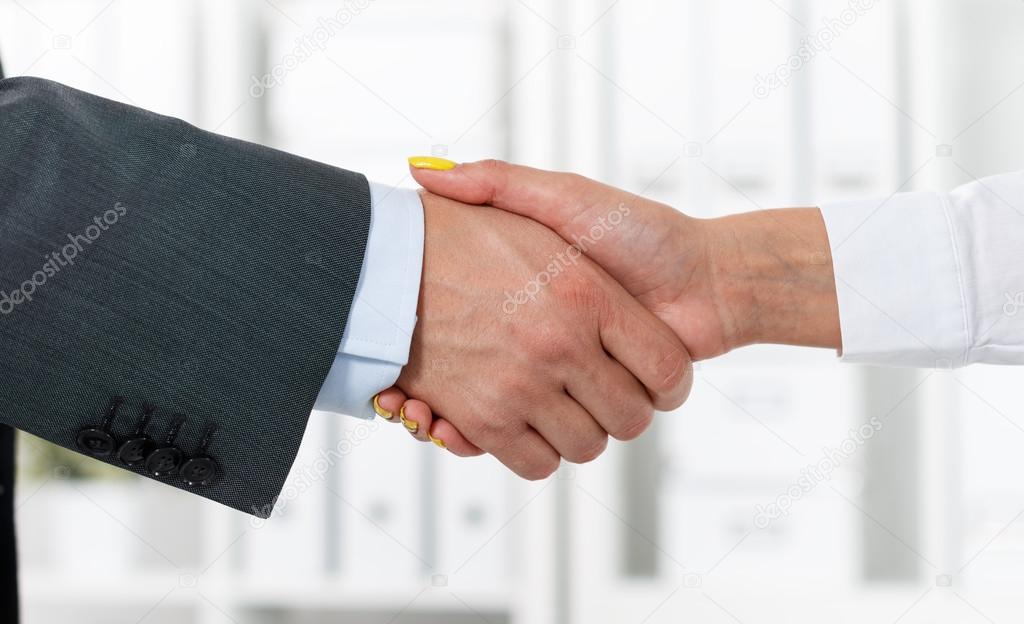 Male and female handshake in office