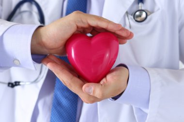 Erkek doktor el ele tutuşup kırmızı oyuncak kalbi kapatıyor.