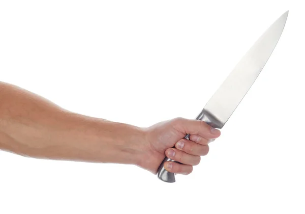 Male hand holding big silver kitchen knife — Stockfoto