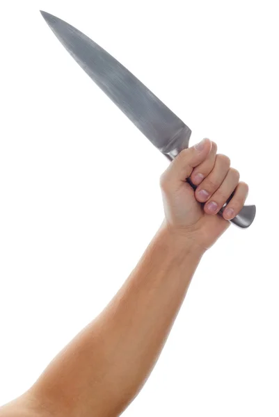 Male hand holding big silver kitchen knife — Stockfoto