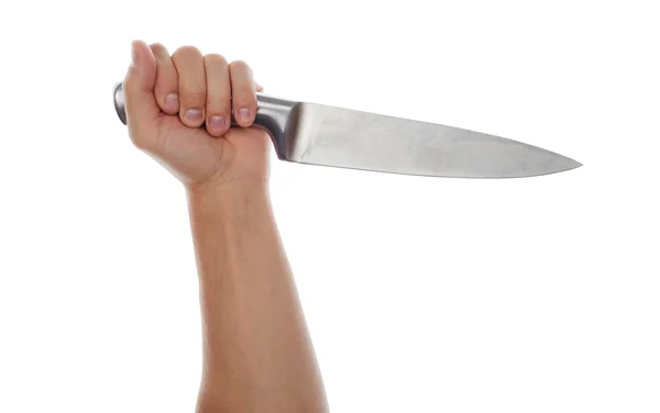 Male hand holding big silver kitchen knife — Stockfoto