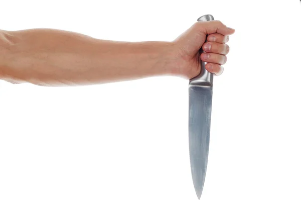 Mano masculina sosteniendo cuchillo de cocina grande plata — Foto de Stock