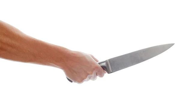 Male hand holding big silver kitchen knife — Stockfoto
