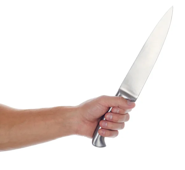 Male hand holding big silver kitchen knife — Stockfoto