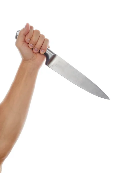 Male hand holding big silver kitchen knife — Zdjęcie stockowe