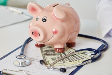 Funny piggybank standing on clipboard with document