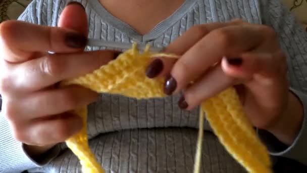 Närbild Händer Med Stickade Nålar Ung Kvinna Knits Woolen Scarf — Stockvideo