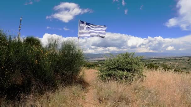 Bandera Grecia Ondeando Viento Naturaleza Griega Cielo Nublado Bandera Griega — Vídeos de Stock