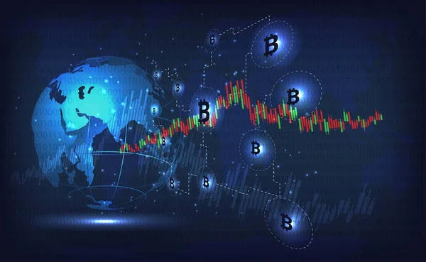 Investeringsconcept Elektronische Valuta Bitcoin Digitale Valuta Wereld Globe Futuristische Digitale — Stockvector