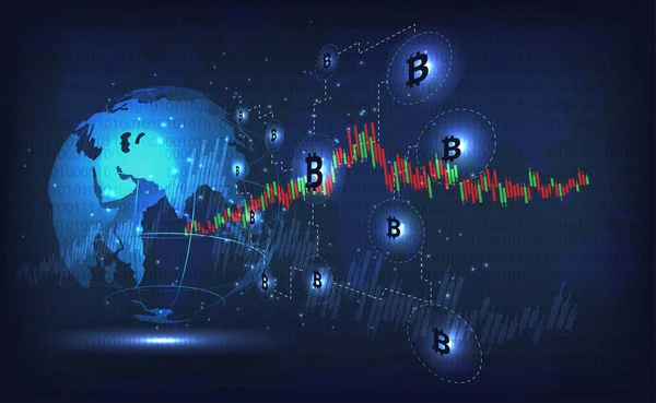 投資コンセプト 電子通貨 ビットコインデジタル通貨と世界株式グラフと世界地図の背景を持つ未来的なデジタルマネー技術 グローバルネットワーク接続 — ストックベクタ