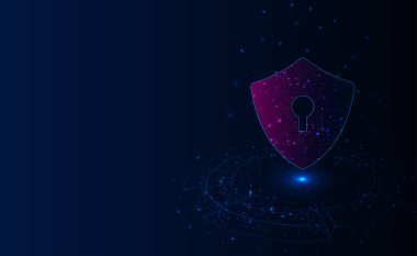  Siber güvenlik kavramı. Dijital veri arkaplanındaki Anahtar Deliği simgesi ile Kalkan, koyu arkaplanda noktalar, çizgiler ve şekillerden oluşur. Siber veri güvenliği ya da bilgi gizlilik fikrini görüntüler.