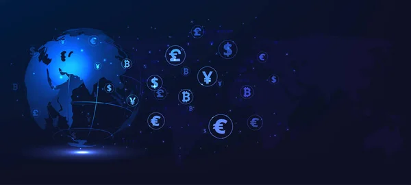 Para İşlem Teknolojisi Konsepti. Küresel ağ bağlantısı. Para transferi. Dış ticaret. Ödeme mekanizması. Küresel para birimi. Vektör İllüstrasyonu.