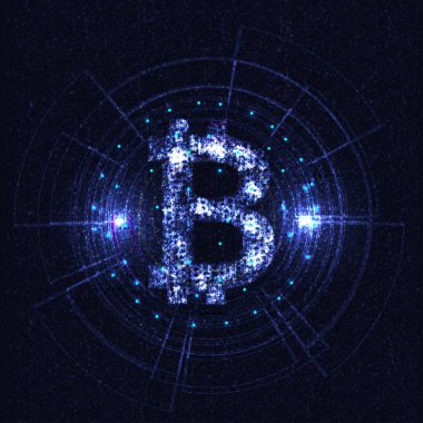  Modern dijital Bitcoin para işareti. Dark Blue arka planında düz bitcoin para birimi logosu..