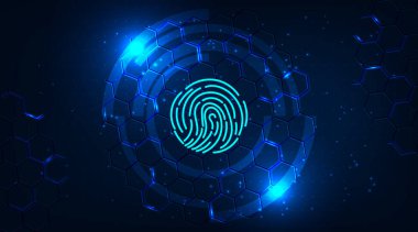 Cyber security with fingerprint scanning system concept.Fingerprint on hexagon geometric graphics dark blue.Security and password control through fingerprints.Virtual 3d Illustration.