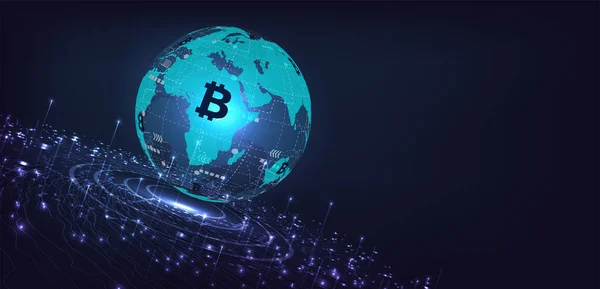 Monedas Electrónicas Concepto Inversión Bitcoin Moneda Digital Mundo Futurista Tecnología — Vector de stock