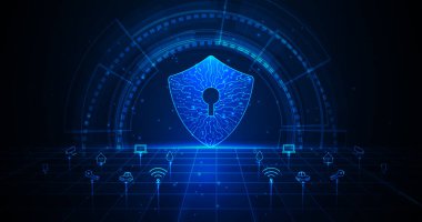 Home security concept.Security with shield symbol and icon different things in the house on dark Blue hi tech background.Vector illustration Eps10.