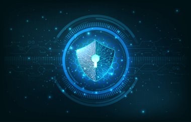 Güvenlik kavramı. Dijital arkaplanda kalkan. Veri güvenliği illüstrasyonu, Siber Güvenlik veya İnternet ağ koruması.