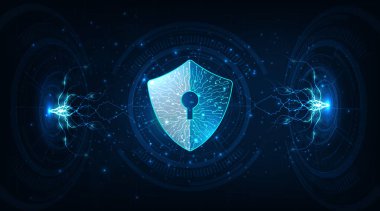 Virüs saldırısından korunma. Koyu mavi arkaplan üzerinde güvenlik kalkanı simgesi dijital görüntüsü. Veri koruması, mahremiyet ve İnternet güvenliği kavramı.