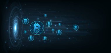 Yatırım kavramı ve elektronik para değişimi. Bitcoin dijital para birimi dijital para teknolojisi Koyu mavi arka plan. Fintech dünya finans kavramı, vektör illüstrasyonu. 
