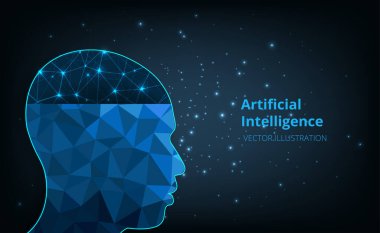 İnsan kafasındaki yapay zeka. İnsan kafasının çokgende oluşturulan vektör illüstrasyonu. Grafik tasarım ve Teknoloji (AI) gelecek konsepti.