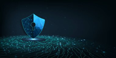 Siber güvenlik ya da internet ağ koruması. Koyu mavi arkaplanda gizleme sembolü. Siber veri güvenliğini gösterir. Vektör illüstrasyonu 3D koruma. 