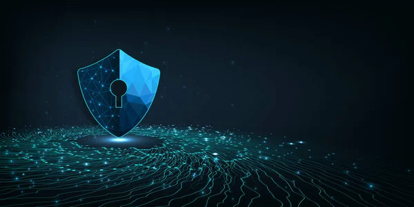 Siber güvenlik ya da internet ağ koruması. Koyu mavi arkaplanda gizleme sembolü. Siber veri güvenliğini gösterir. Vektör illüstrasyonu 3D koruma. 