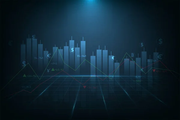 Ticaret ve Yatırım kavramı. Finansal piyasa grafiği ve koyu mavi arka planda yatırım. Vektör İllüstrasyonu. FinTech konsepti.  