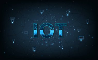 IOT konsept tasarımı. Koyu mavi arkaplanda tipik simgelerle bağlantılı IOT simgesi. Kullanıcı günlük nesnelerle ağ arasında bağlantı kuran şeylerin interneti.. 