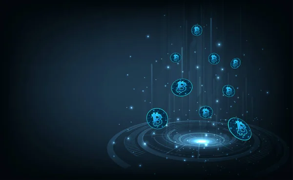Yatırım ve Döviz Kurları konsepti. Bitcoin dijital para birimi dijital para teknolojisi Koyu mavi arka plan .fintech dünya finans konsepti, vektör illüstrasyonu. 
