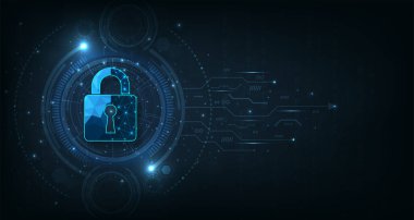  Data prevent and Cyber security design.Visualization of cyber security With Padlock  lock on dark blue background.Cyber security and Technology concept.Vector illustration.Eps10
