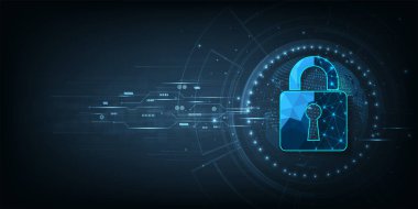  Siber güvenlik tasarımı. Koyu mavi arka planda asma kilit ile siber güvenliğin görselleştirilmesi. Siber güvenlik ve teknoloji kavramı.