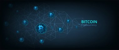 Kripto para kaynağı. Çokgen arka planda Bitcoin. Finansal yatırım ve Dijital para değişimi kavramı.