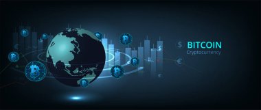 Bitcoin para birimi kavramı. Parlak çokgen bitcoin madeni para, çözülmüş arkaplan üzerinde dünyanın etrafında döner. Şifreleme para birimi küresel ağ bağlantıları arka plan kavramı.