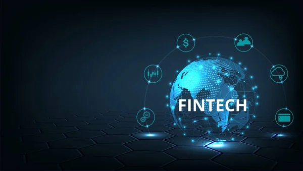 Finans teknolojisi ve iş dünyası sınıfları. Simge Fintech ve koyu mavi teknoloji geçmişi finans teknolojisi, bankacılık ve iş dünyası sınıfı arasındaki bağlantıyı temsil ediyor..