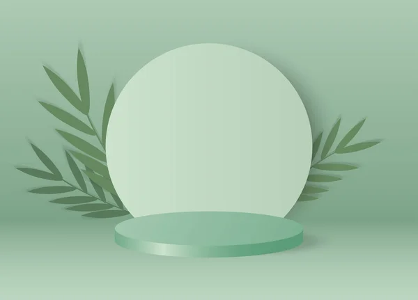 Yeşil pastel arka planda yapılmış silindir podyum. Sergiler, ürünlerin sunumu, kozmetik için hazırlan. Modern 3D stüdyosunda sahne gösterisi..