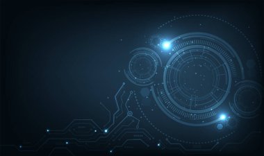 Koyu mavi Çember Işıklı Soyut Teknoloji Arkaplanı. Grafik İnternet Sitesi. Fütürist dijital yenilik arka plan çizimi.