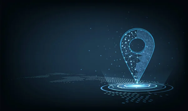 GPS teknolojisi arka planı. Koyu mavi arka planda vektör pin ikonu GPS. Seyahat yolu konsepti. Geo noktasını bul. Konum navigatör vektör çizimi.