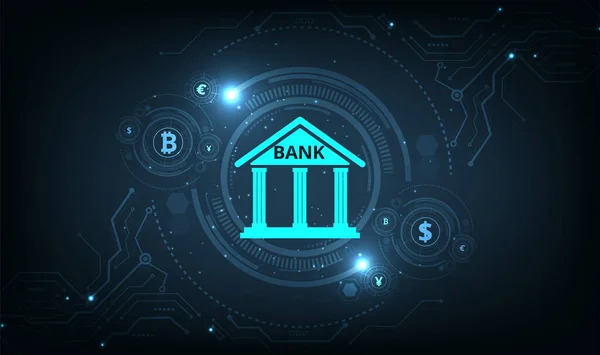 Conceito Tecnologia Bancária Ilustração Isométrica Banco Sobre Fundo Tecnologia Azul — Vetor de Stock