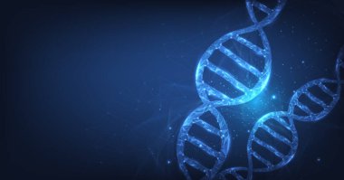 Modern genetik altyapı. Koyu mavi arka planda DNA çift sarmal şeklinde yenilik var. Bilim ve Teknoloji konsepti. Vektör illüstrasyonu